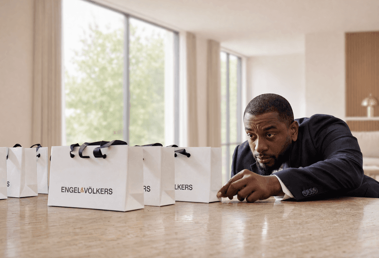 A man in a dark suit carefully aligns a row of white Engel & Völkers shopping bags on a large wooden table in a bright room.