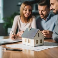 Ein lächelndes Paar sitzt mit einem Immobilienmakler am Tisch und bespricht und unterzeichnet Dokumente für den Kauf eines Hauses. Im Vordergrund symbolisiert ein Hausmodell die Immobilientransaktion. Die Umgebung ist hell und modern, mit einem Laptop und einer dekorativen Pflanze auf dem Tisch.