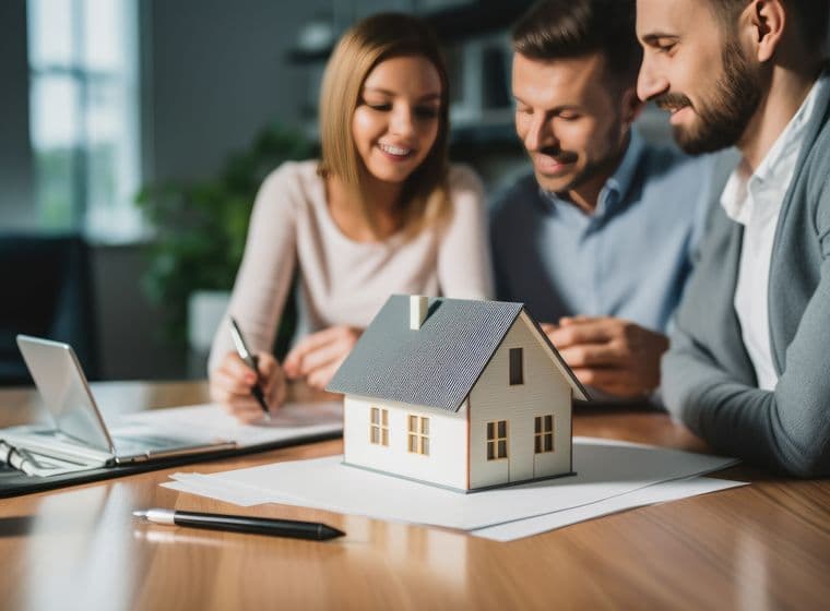 Ein lächelndes Paar sitzt mit einem Immobilienmakler am Tisch und bespricht und unterzeichnet Dokumente für den Kauf eines Hauses. Im Vordergrund symbolisiert ein Hausmodell die Immobilientransaktion. Die Umgebung ist hell und modern, mit einem Laptop und einer dekorativen Pflanze auf dem Tisch.