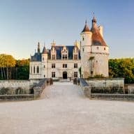 Château de Chenonceau, un château de pierre blanche avec des tourelles, des tours et un toit bleu, entouré d'arbres verts sous un ciel bleu clair.