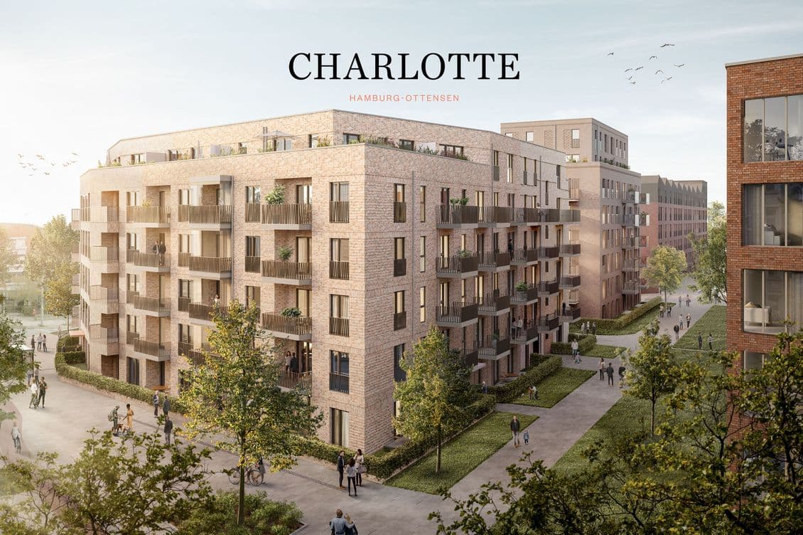 New-build cube with light-colored clinker bricks and balconies at almost every window, 5 floors plus penthouse floor