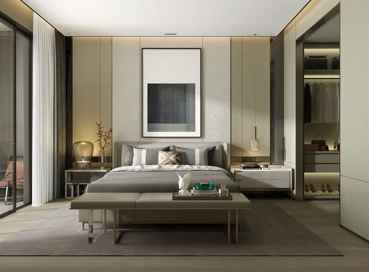 Rendering of a modern master bedroom in gray-green tones with adjoining dressing room