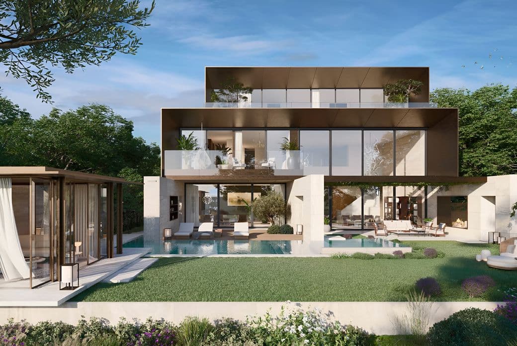 Modern three-story house with large glass windows, surrounded by lush greenery, featuring a pool and a separate glass-walled pavilion.