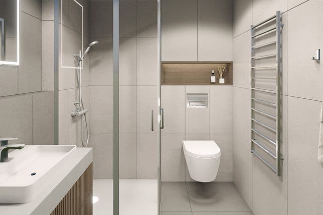 Modern bathroom with a glass shower, wall-mounted toilet, long sink, wooden niche with accessories, and stainless ladder radiator in light grey tones.