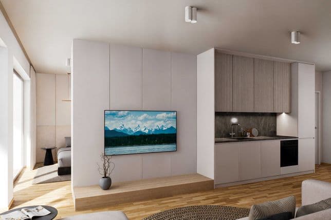Modern apartment interior with a kitchenette, wall-mounted TV, sofa, and view into the bedroom, featuring light wood and neutral tones.