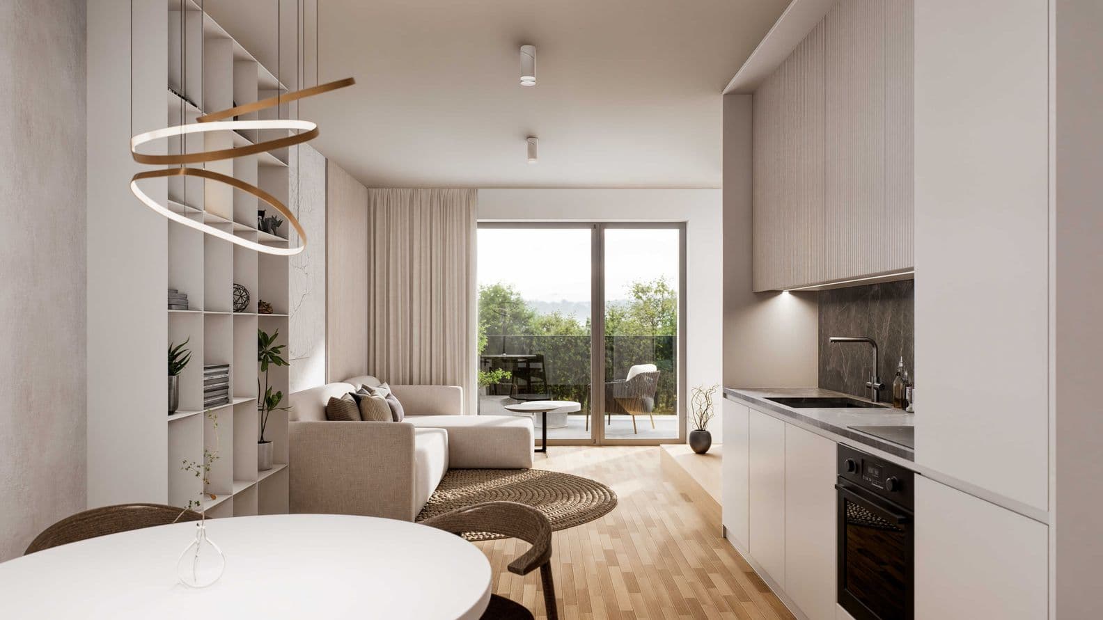 Bright modern living room with a kitchen, wooden floor, and large glass doors leading to a terrace with a view of greenery.