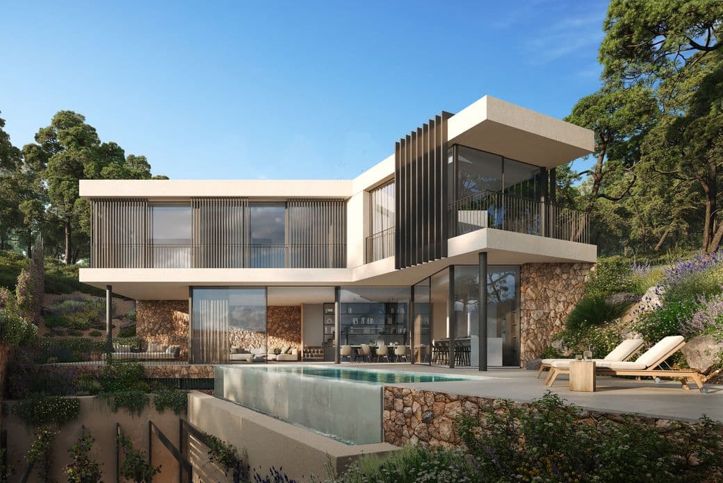 Moderna villa de dos plantas con arquitectura minimalista, que cuenta con paredes de vidrio de suelo a techo, sombreado vertical de listones, elementos de fachada de piedra y una elegante piscina infinita, rodeada de jardines paisajísticos y bosque mediterráneo.
