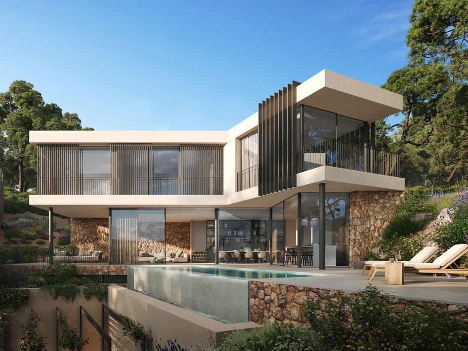 Moderne zweigeschossige Villa mit minimalistischer Architektur, ausgestattet mit bodentiefen Glaswänden, vertikalen Lamellen-Raffstores, Steinfassaden-Elementen und einem eleganten Infinity-Pool. Umgeben von gepflegten Gärten und mediterranem Wald.