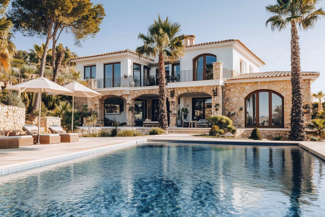 Luxury villa with stone facade, large windows, and a pool surrounded by palm trees and loungers under umbrellas in a sunny setting.