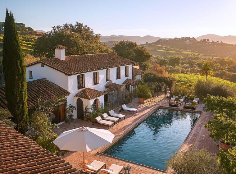 Traditional Italian villa with terracotta roof tiles and white facade featuring swimming pool with sun loungers, outdoor umbrellas, tall cypress trees, surrounded by rolling vineyard hills and golden countryside under warm evening light