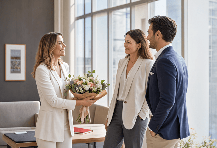 A smiling woman in a white pantsuit presents a fresh bouquet of flowers to a couple in a modern, bright office setting.