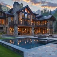 Stunning contemporary mountain lodge featuring stone and timber construction, large windows with warm interior lighting, infinity swimming pool with outdoor seating area, surrounded by evergreen forest and dramatic mountain peaks under sunset sky