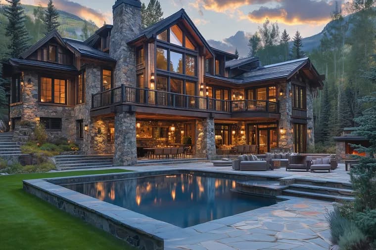 Stunning contemporary mountain lodge featuring stone and timber construction, large windows with warm interior lighting, infinity swimming pool with outdoor seating area, surrounded by evergreen forest and dramatic mountain peaks under sunset sky