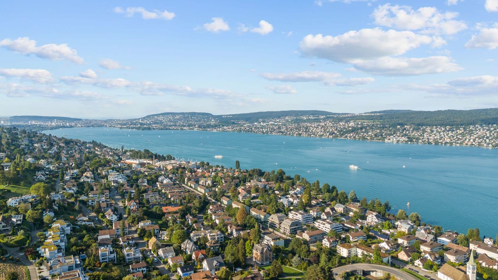 Hillside homes and waterfront along Zurich’s left bank with view toward the city