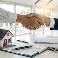 Zwei Personen geben sich nach einer Immobilienverhandlung die Hand zum Zeichen der Einigung. Auf dem Tisch liegen ein Modellhaus, Vertragsunterlagen, Stifte und ein Schlüsselbund, die den Abschluss des Kaufvertrags symbolisieren. Im Hintergrund ist ein helles Büro mit großen Fenstern zu sehen. Das Bild steht für den Erfolg einer Immobilientransaktion zwischen Käufer und Verkäufer oder Immobilienmakler.