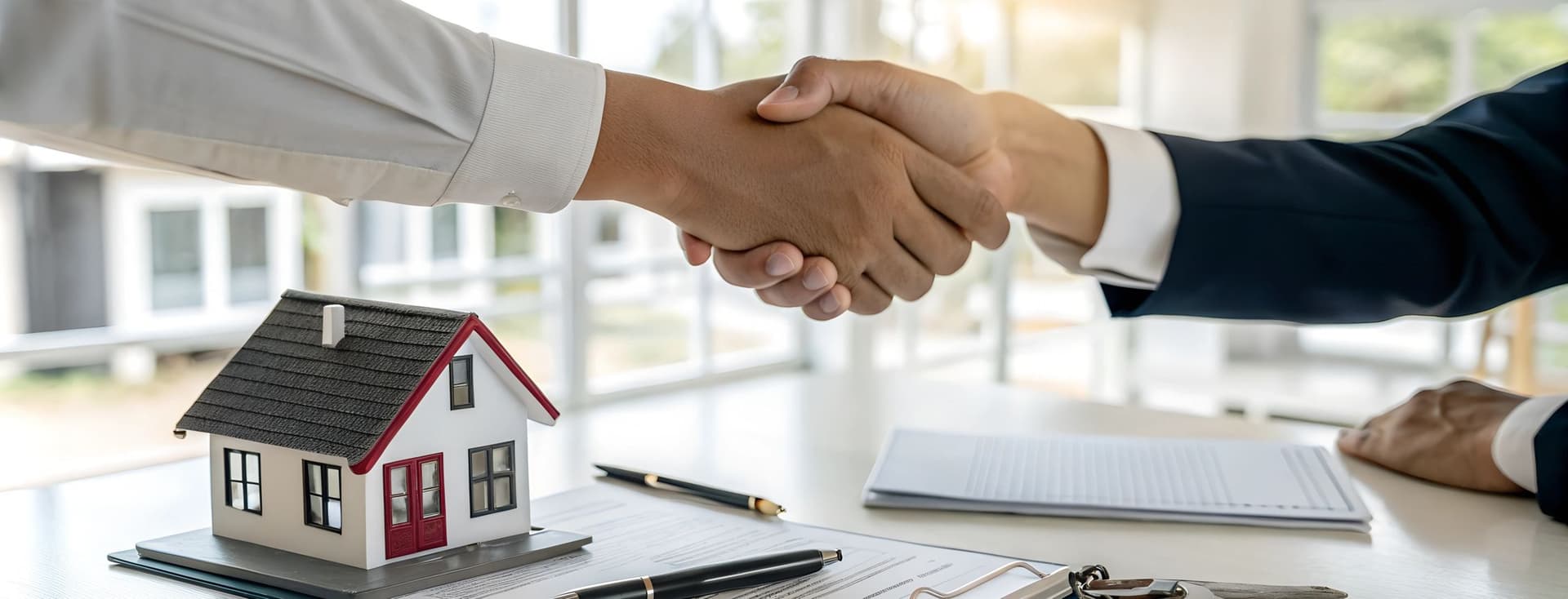 Two people shake hands as a sign of agreement after a real estate negotiation. On the table are a model house, contractual documents, pens, and a set of keys, symbolizing the conclusion of the sale. The background shows a bright office with large windows. The image represents the success of a real estate transaction between the buyer and the seller or real estate agent.