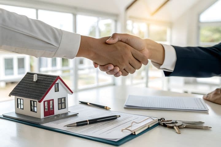 Zwei Personen geben sich nach einer Immobilienverhandlung die Hand zum Zeichen der Einigung. Auf dem Tisch liegen ein Modellhaus, Vertragsunterlagen, Stifte und ein Schlüsselbund, die den Abschluss des Kaufvertrags symbolisieren. Im Hintergrund ist ein helles Büro mit großen Fenstern zu sehen. Das Bild steht für den Erfolg einer Immobilientransaktion zwischen Käufer und Verkäufer oder Immobilienmakler.