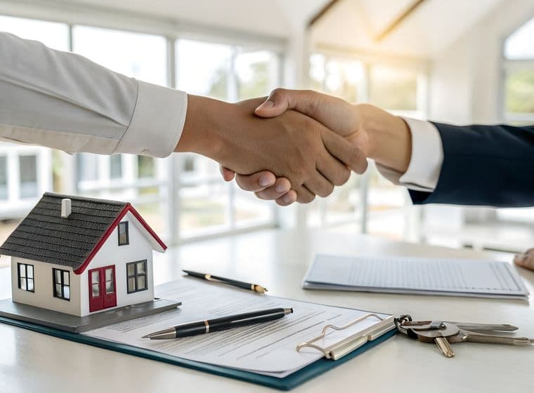 Zwei Personen geben sich nach einer Immobilienverhandlung die Hand zum Zeichen der Einigung. Auf dem Tisch liegen ein Modellhaus, Vertragsunterlagen, Stifte und ein Schlüsselbund, die den Abschluss des Kaufvertrags symbolisieren. Im Hintergrund ist ein helles Büro mit großen Fenstern zu sehen. Das Bild steht für den Erfolg einer Immobilientransaktion zwischen Käufer und Verkäufer oder Immobilienmakler.