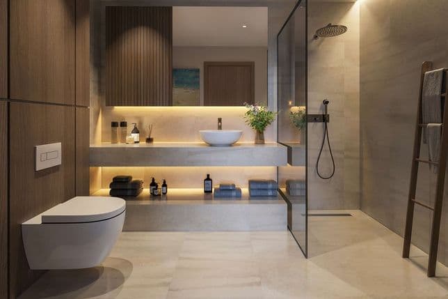 Elegant bathroom in Taiyo Residences with wood paneling, a walk-in rain shower, modern vanity, ambient lighting, and premium finishes.