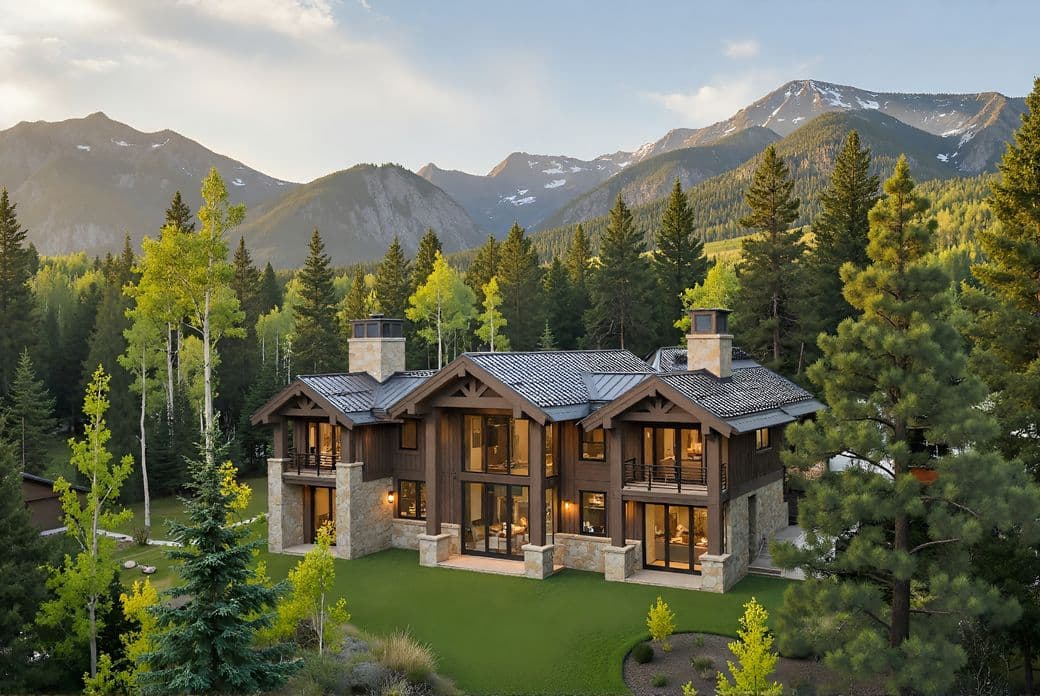 Luxury chalet-style house surrounded by dense forest with mountain range in the background under a clear sky.
