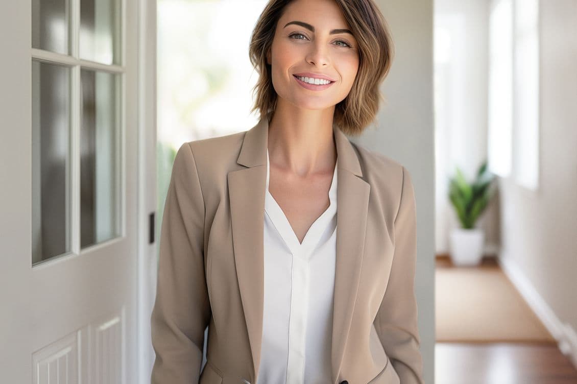 Professional woman wearing a beige blazer and white blouse smiling warmly while standing in a bright, modern hallway with white walls, large windows, and decorative plants in the background.