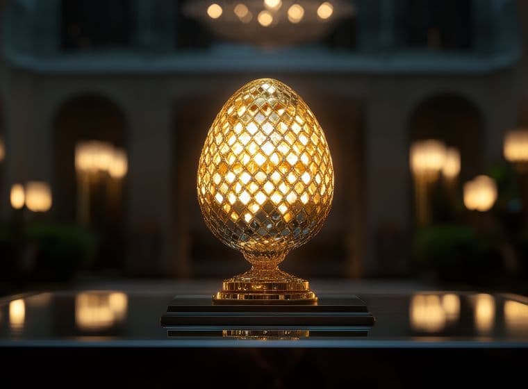 Ein elegantes goldenes Ei mit einem von innen beleuchteten Gittermuster wird auf einem Sockel in einer luxuriösen Umgebung präsentiert. Die sanfte Beleuchtung und die Lampen im Hintergrund schaffen eine raffinierte und elegante Atmosphäre. Das Objekt erscheint als Kunstwerk oder kostbares Juwel, ausgestellt in einer Halle oder einem Museum.