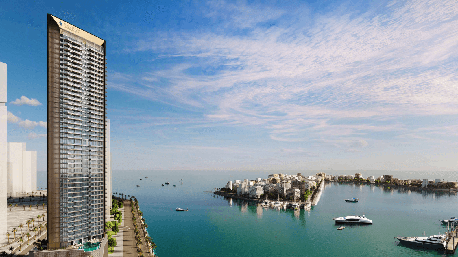 Panoramic photograph of Dubai Maritime City from the marina, showcasing boats, walkways, and residential buildings under a clear sky.