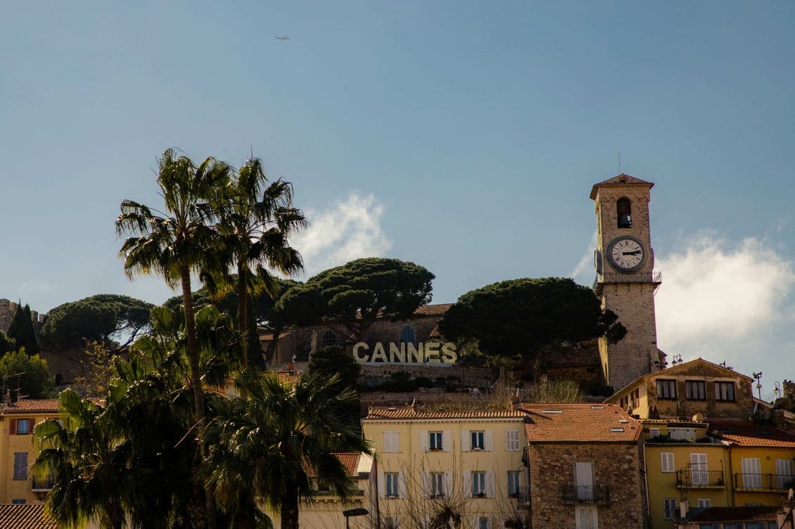 Clock tower and palm trees in Cannes, France, with buildings and a clear sky in the background.