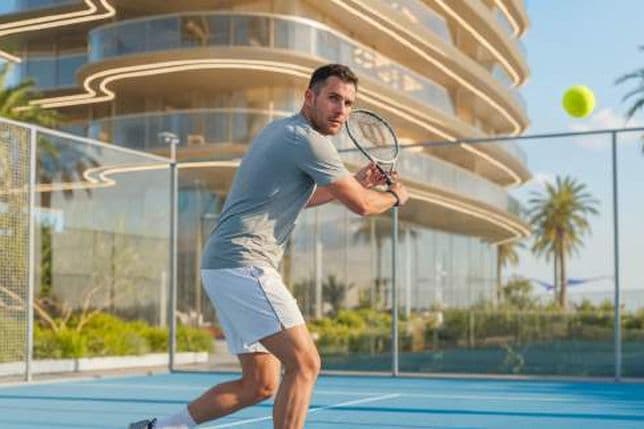 A man in a gray shirt and white shorts preparing to hit a tennis ball on a blue court, with a modern building and palm trees in the background.