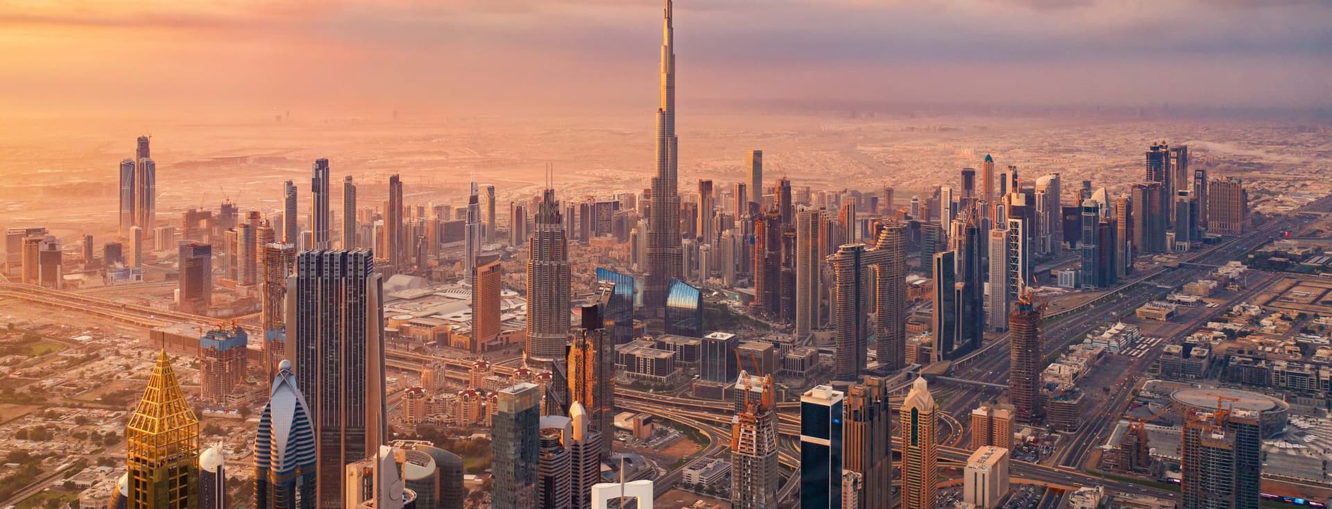 Downtown Dubai skyline at sunset