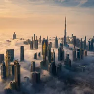 Aerial view of a cityscape with skyscrapers piercing through clouds, bathed in golden sunlight at dawn.