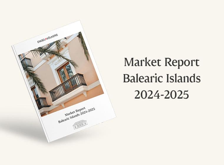 Market Report Balearic Islands front cover showcasing the brochure and an image from palma facade with palm trees