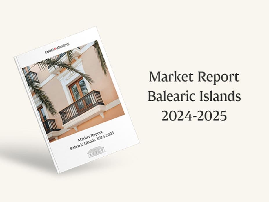 Market Report Balearic Islands front cover showcasing the brochure and an image from palma facade with palm trees