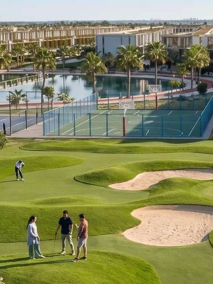 Golfers on a lush green course with sand traps, near a modern complex with a lake, basketball court, and palm trees in the background.