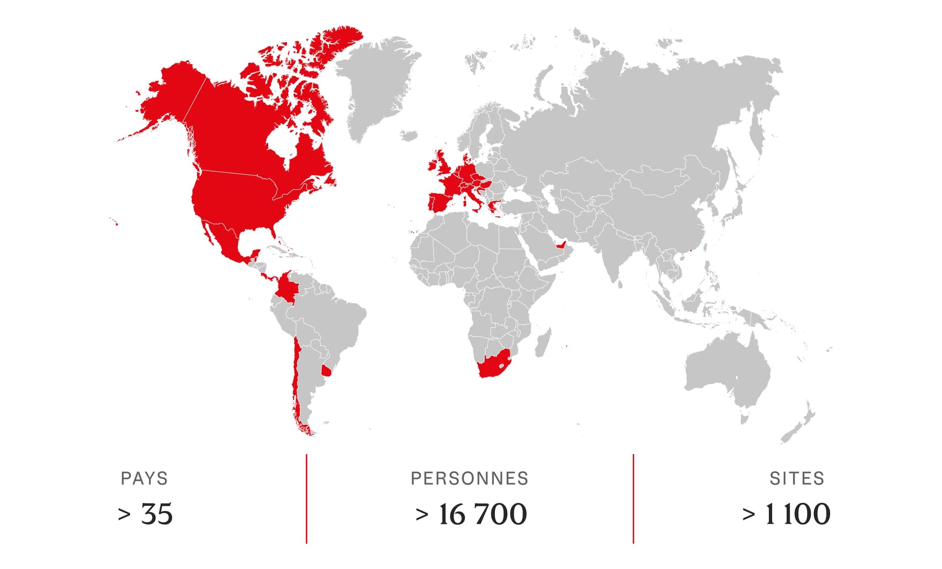 World map highlighting countries in red. Text indicates over 35 countries, 16,700 people, and 1,100 sites.