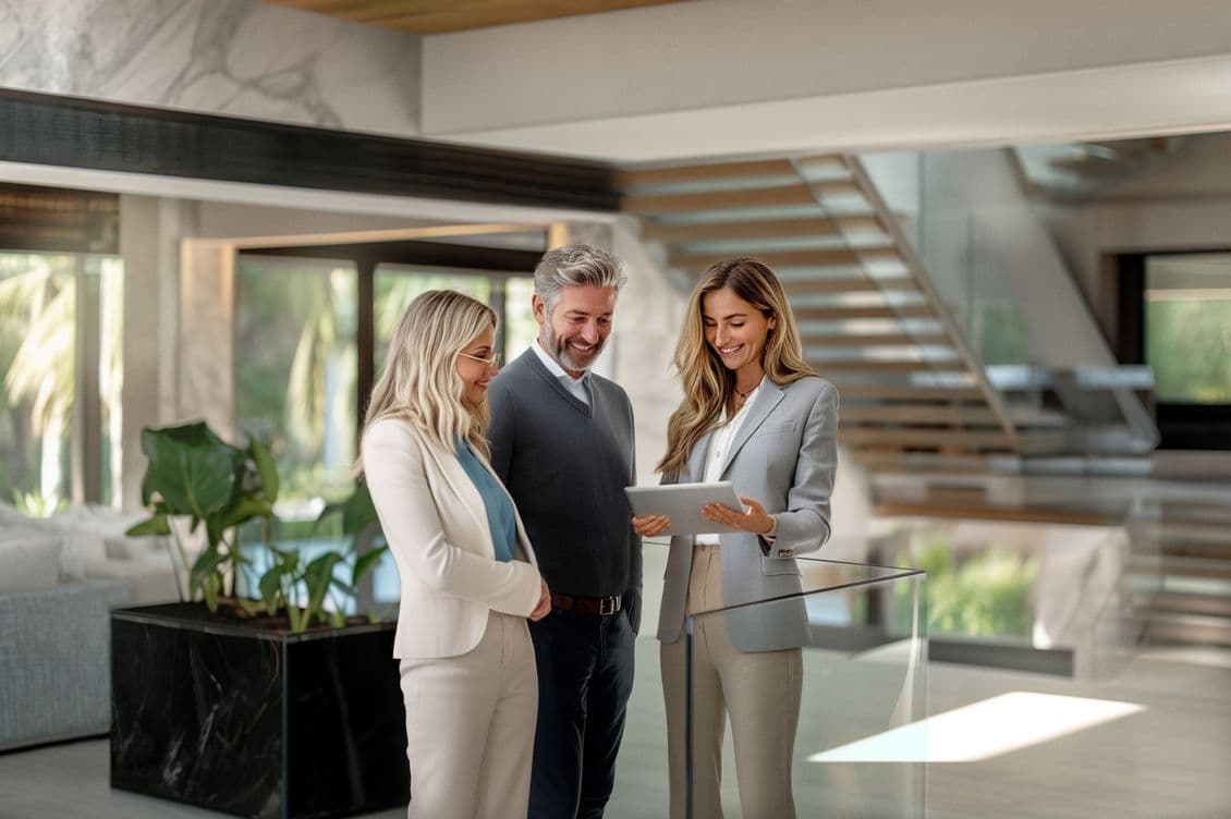 A real estate agent shows a couple a property on a tablet in a modern home.