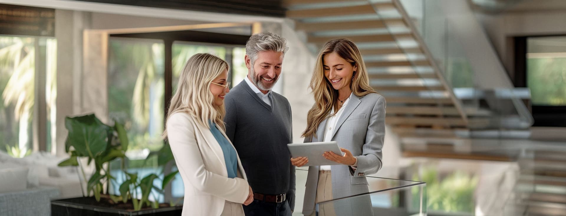 A real estate agent shows a couple a property on a tablet in a modern home.