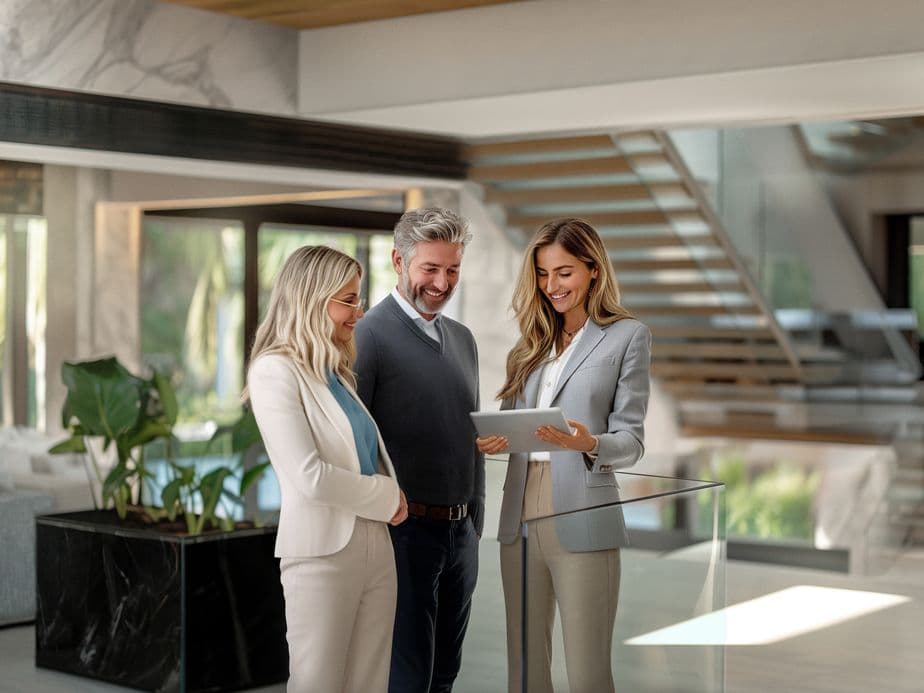 A professional female real estate agent in a light gray suit showing property information on a tablet to a couple in a modern luxury home with an open staircase. The female client is wearing a white blazer while the male client in dark attire listens attentively in the stylish interior space.
