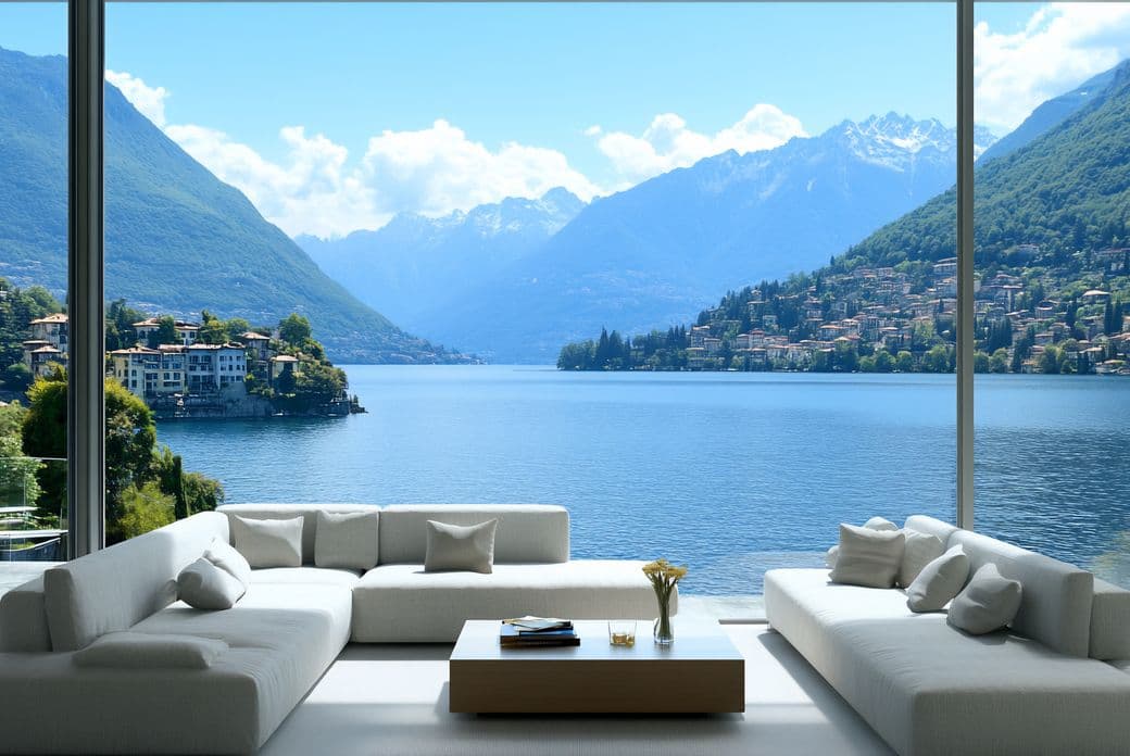 Interno di una casa moderna affacciata sul lago, con ampia vetrata panoramica, arredi minimalisti in tonalità bianco e luce naturale che illumina l’ambiente.