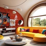 A modern living room with a yellow sofa, chair, and a large arched window. The walls are red, and there is abstract art on the wall.