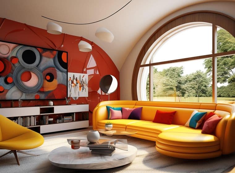 A modern living room with a yellow sofa, chair, and a large arched window. The walls are red, and there is abstract art on the wall.