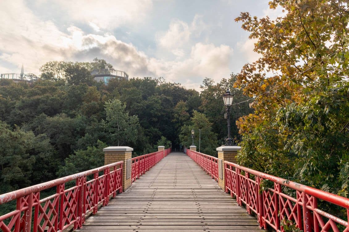A wooden bridge with red railings leads into a lush green forest under a partly cloudy sky, with trees showing hints of autumn colors.