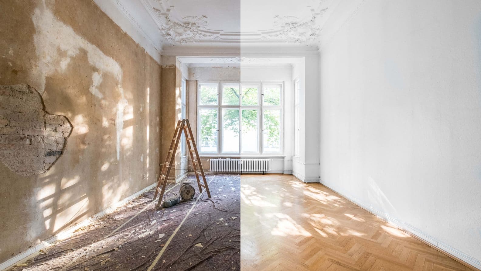 A room split in half, showing a renovation transition from old, damaged walls to bright, freshly painted walls with a window and wooden floor.