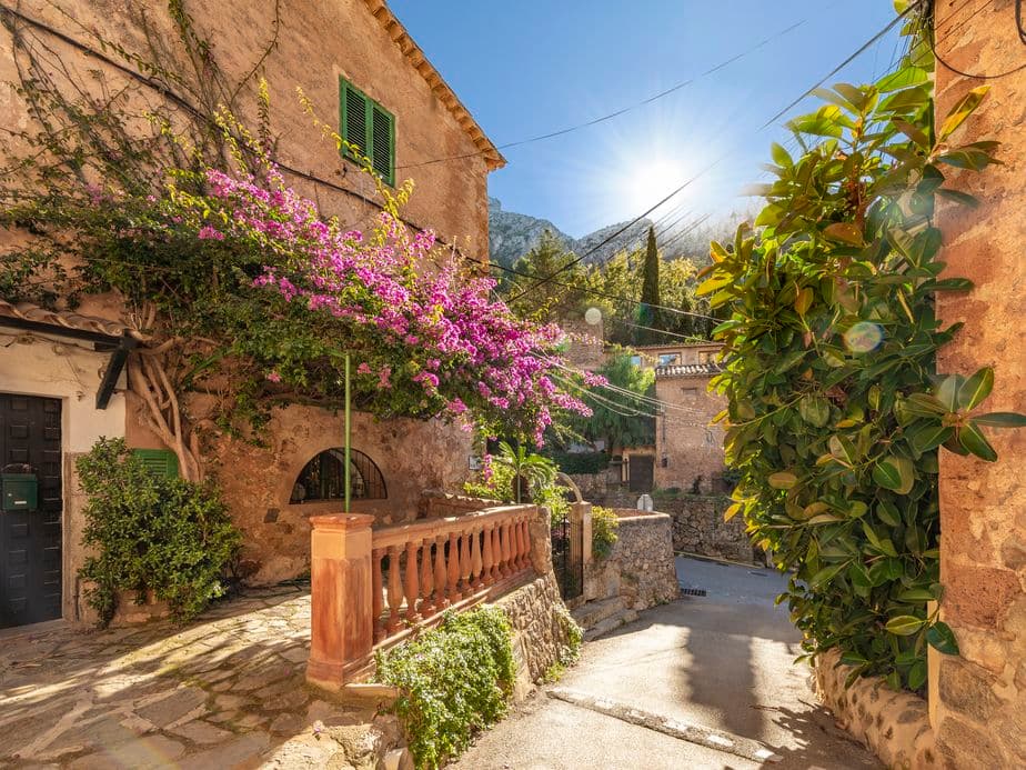 A picturesque street in Deià, lined with vibrant flowers and traditional houses