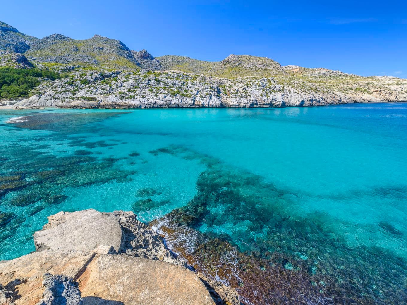 View of the mountains from Cala Sant Vicens beach, with crystal-clear waters and a scenic landscape in Pollensa