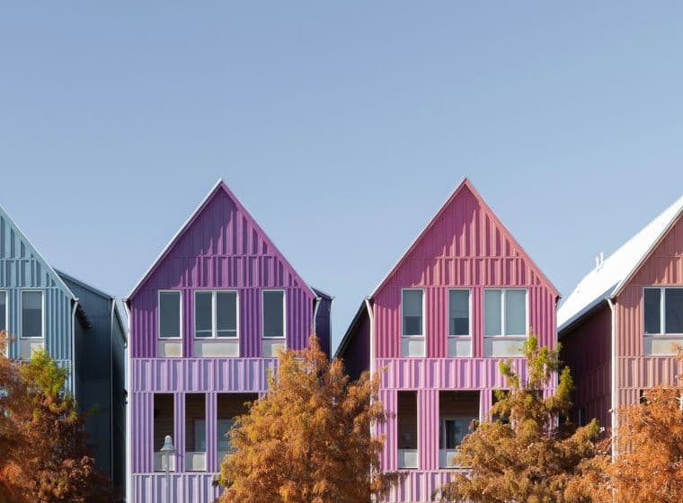 Row of colorful gable-roofed houses in teal, blue, purple, pink, and yellow with autumn trees in front and a clear blue sky.