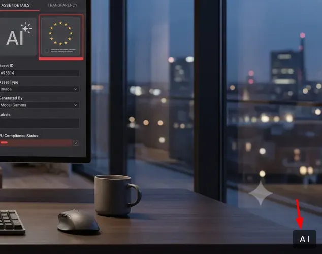 Desk with a monitor showing asset details UI, a mouse, and a mug; city skyline at night through windows; AI icon with a red arrow.