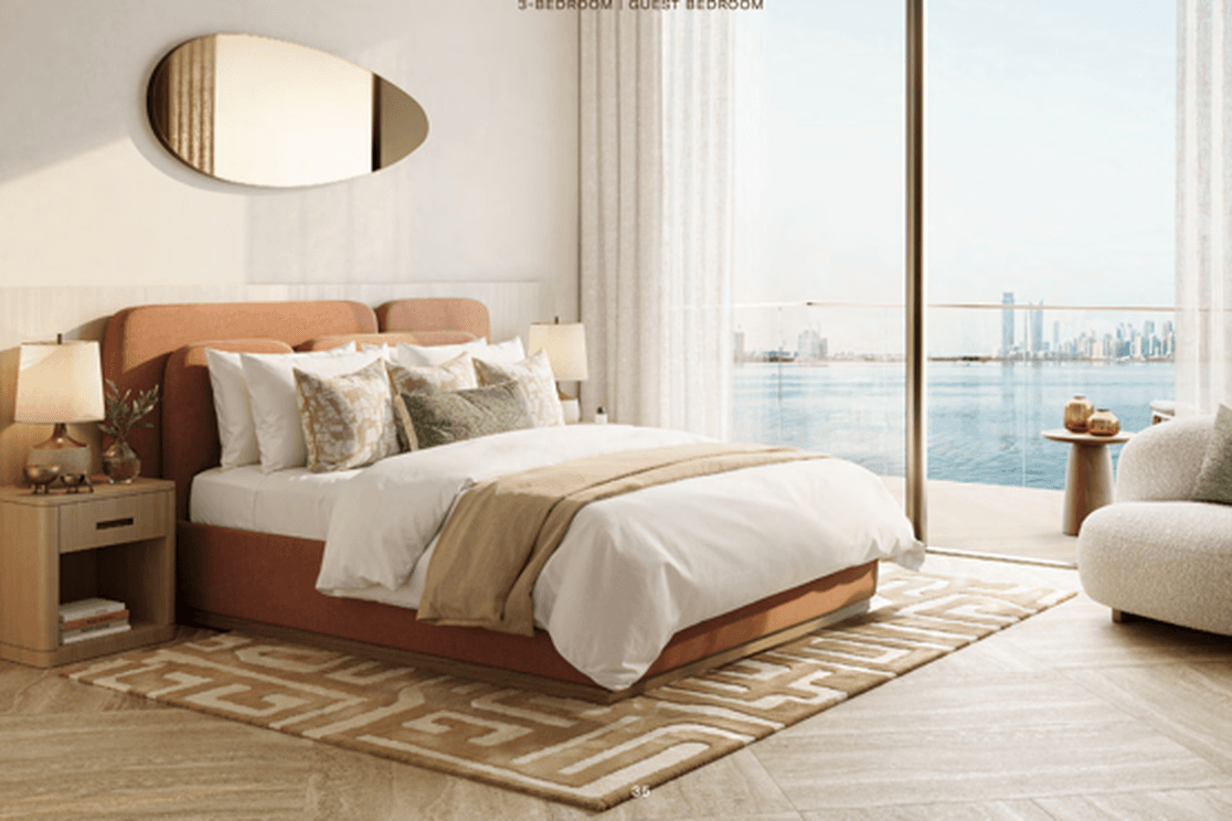 Schlafzimmer in Solaya mit raumhoher Verglasung und modernem Interieur auf La Mer in Jumeirah