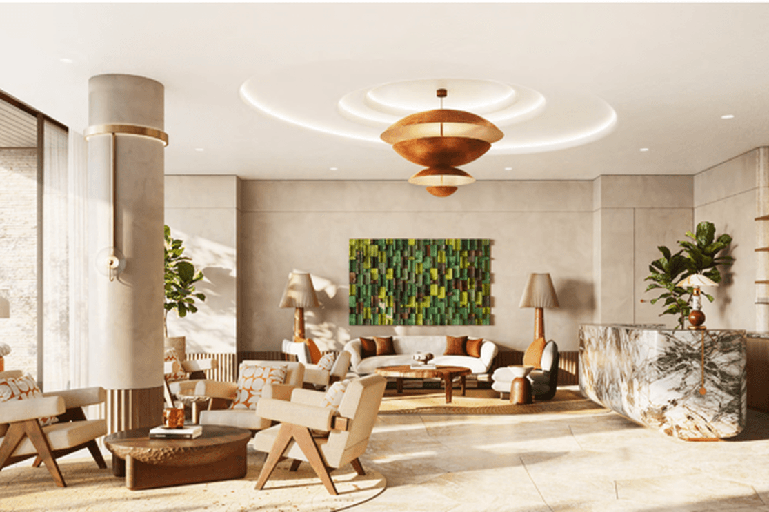 Der Wohnbereich in Solaya verfügt über einen offenen Grundriss, bei dem Sitz- und Essbereich in einem Raum angeordnet sind. Bodentiefe Fenster lassen viel Tageslicht herein und betonen neutrale Oberflächen sowie moderne Einrichtungselemente.