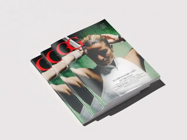 High-angle shot of stacked GG Greece magazine issues featuring tennis player Maria Sakkari on the cover, presented on a light background.